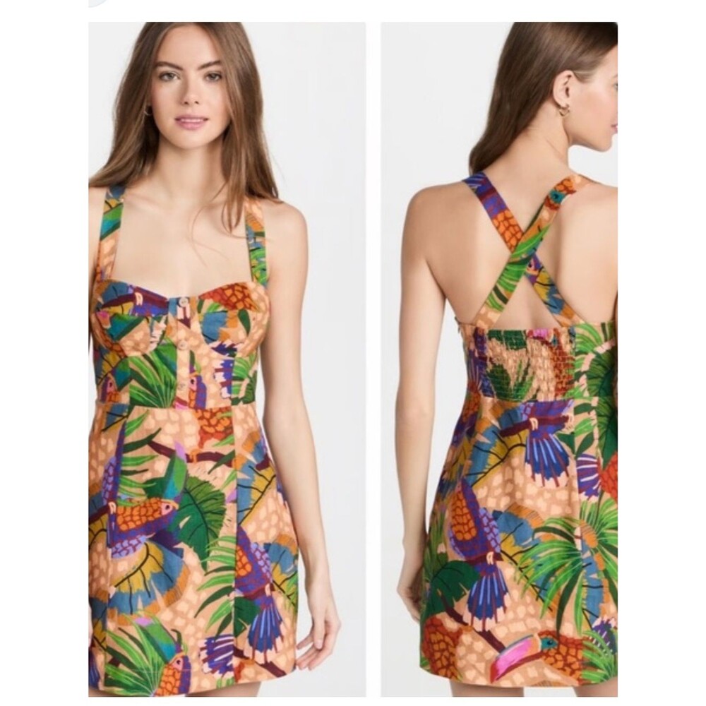 House of Harlow linen Tropical Print Button-Front dress large resort colorful